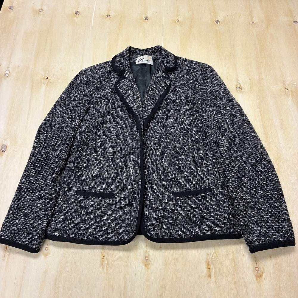 Vintage Butte Blazer Jacket Womens M Black Flecked Tweed Lined Trim Tailored